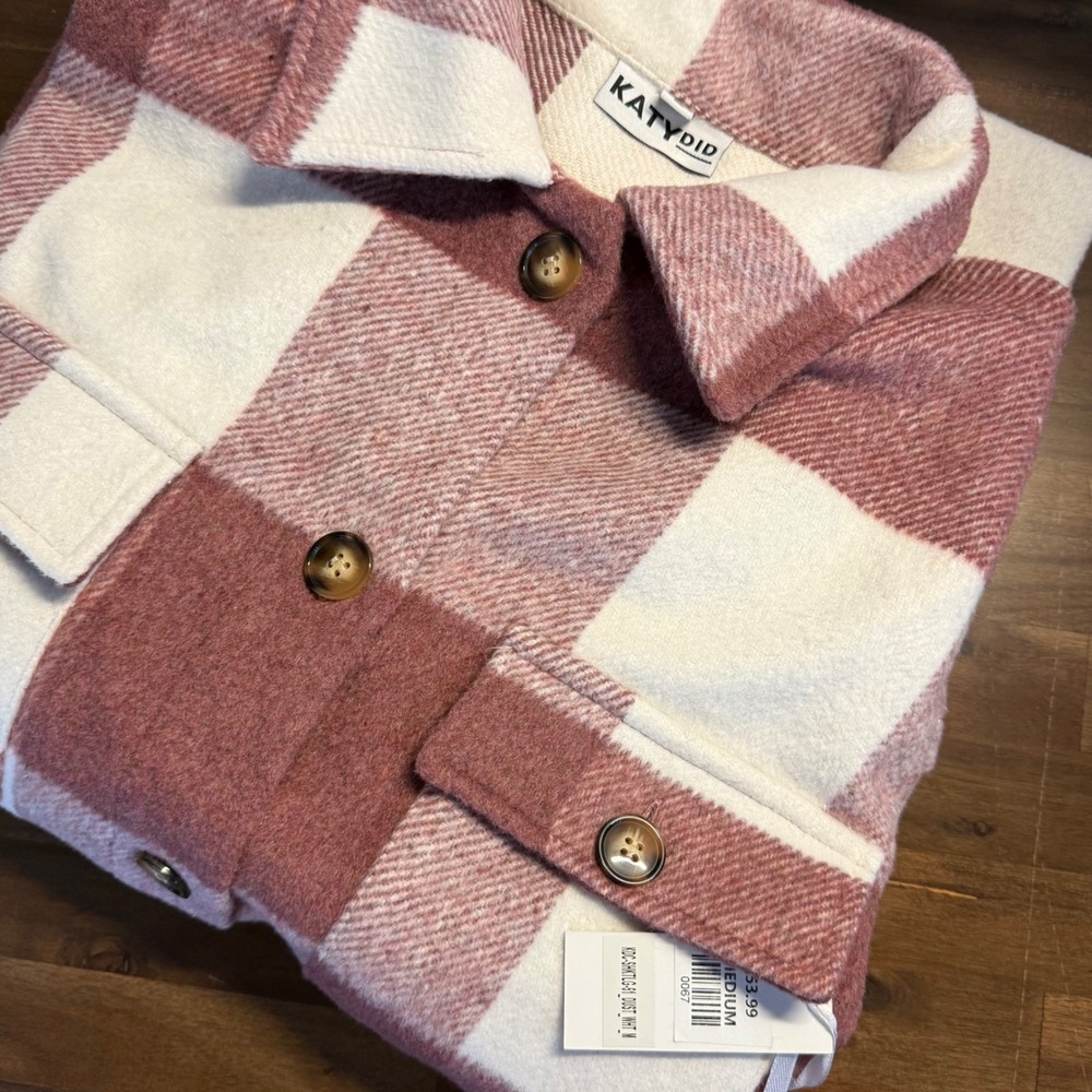 Katy Did Womens Medium Plaid‎ Shacket Longline Button Front Burgundy White